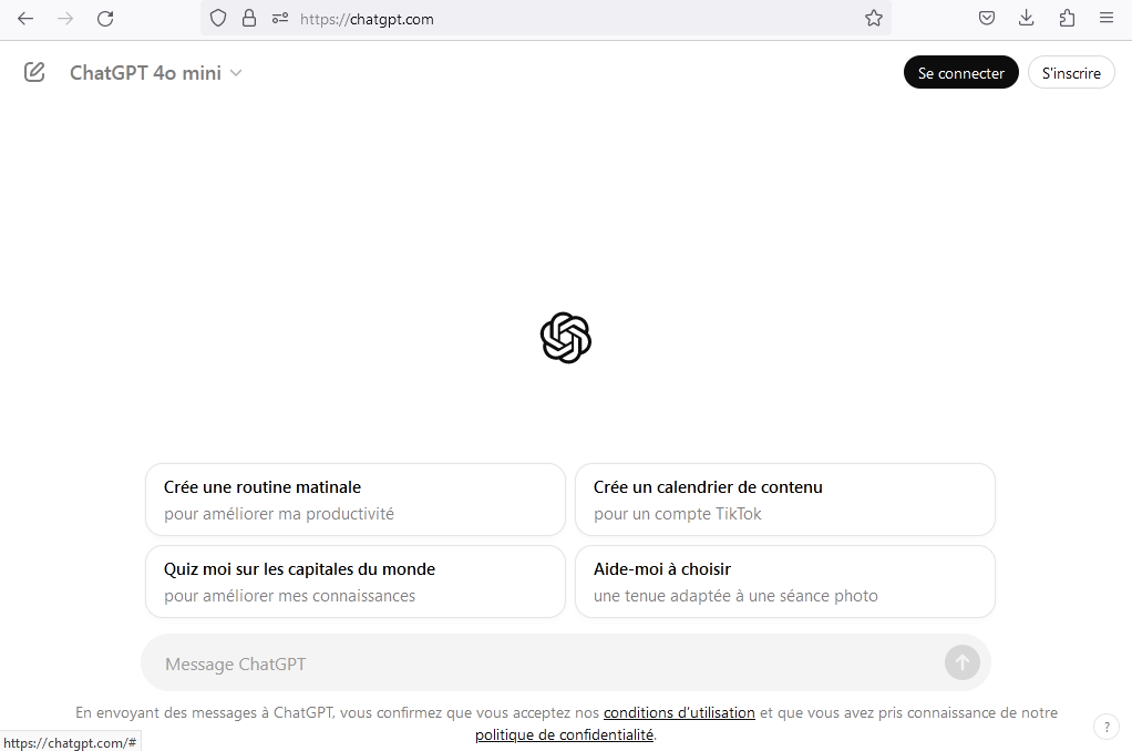Capture d'écran d'accueil de chatGPT